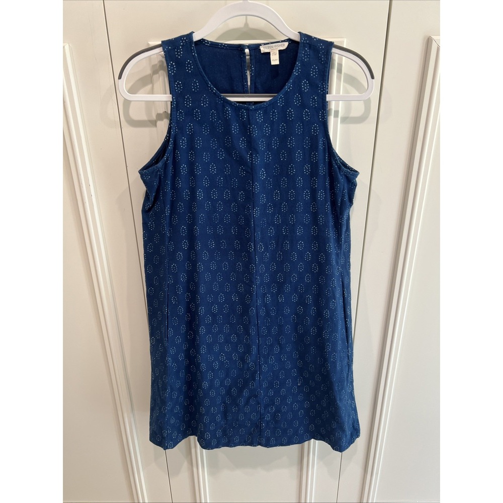 Eileen Fisher Organic Cotton Navy Geometric Print Pockets A Line Sleeveless
